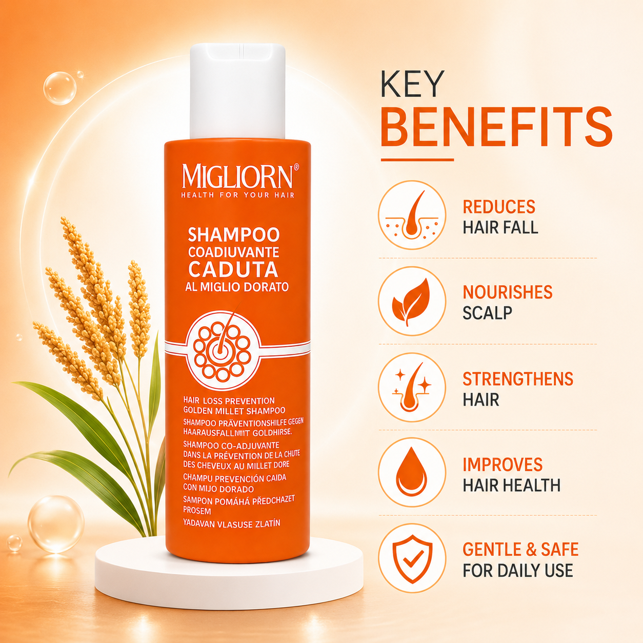 Migliorin Hair Loss Prevention Golden Millet Shampoo 1 + 1 Offer 200ml x2 for reducing hair fall and strengthening weak hair, front view bottle.