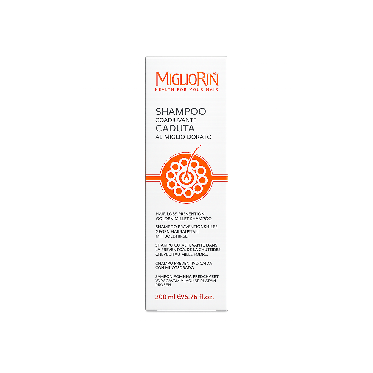 Migliorin Hair Loss Prevention Golden Millet Shampoo 1 + 1 Offer 200ml x2 for reducing hair fall and strengthening weak hair, front view bottle.