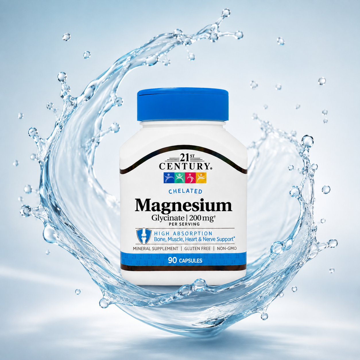21st Century Chelated Magnesium Glycinate 200mg Per Serving 90 Capsules mineral supplement with high absorption for bone, muscle, heart and nerve support.