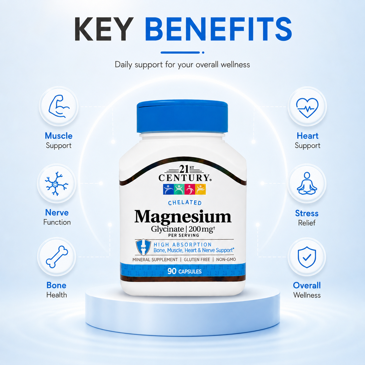 21st Century Chelated Magnesium Glycinate 200mg Per Serving 90 Capsules mineral supplement with high absorption for bone, muscle, heart and nerve support.