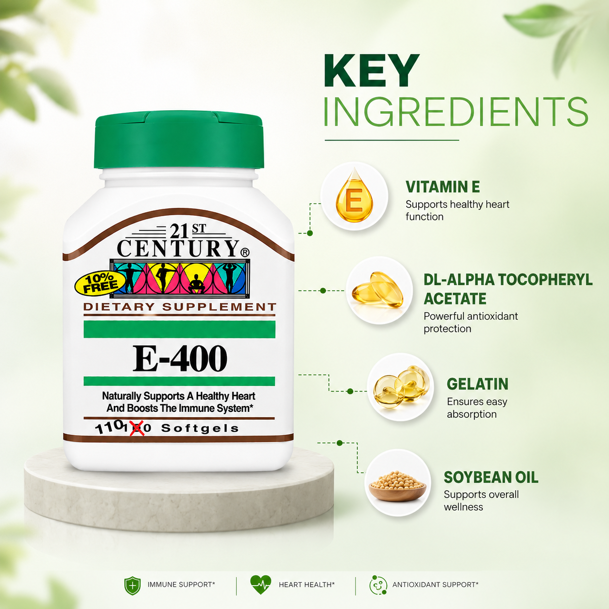 21st Century E-400 Vitamin E 400 IU Dietary Supplement Softgels 110 Count bottle supporting heart health and antioxidant protection