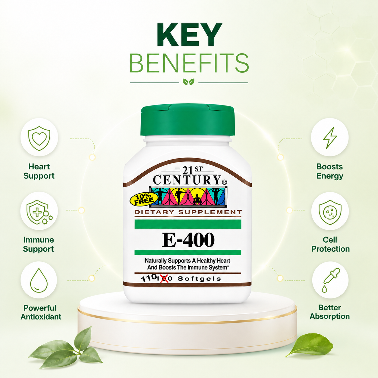 21st Century E-400 Vitamin E 400 IU Dietary Supplement Softgels 110 Count bottle supporting heart health and antioxidant protection
