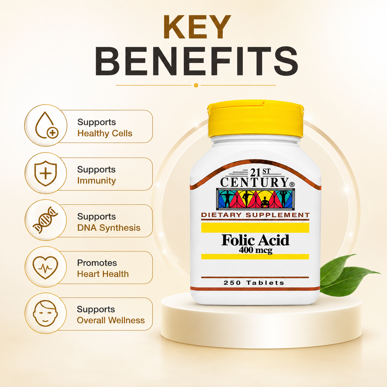 21st Century Folic Acid 400 mcg 250 Tablets dietary supplement supporting healthy cell growth and daily folate intake.