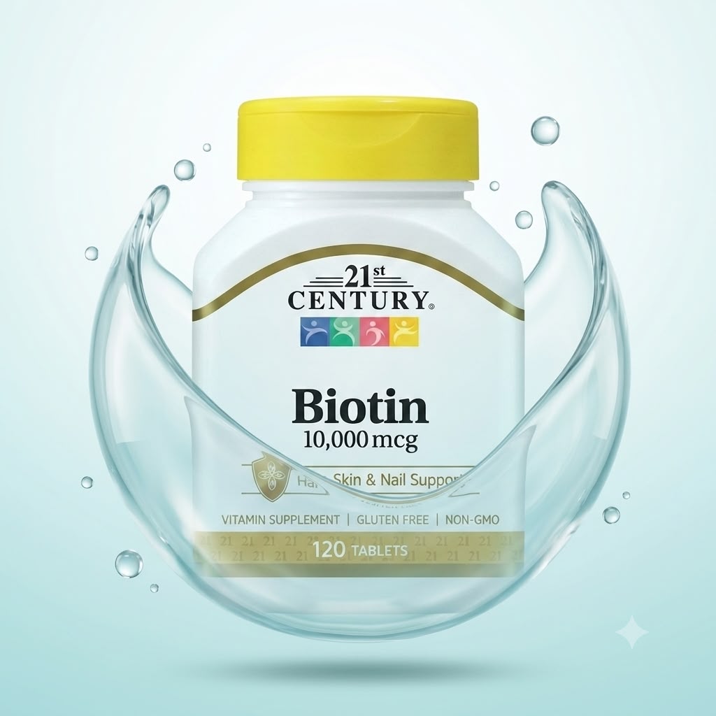21st Century Biotin 10,000 mcg Hair, Skin & Nail Support dietary supplement tablets, 120 tablets, supporting healthy hair, skin, and nails.