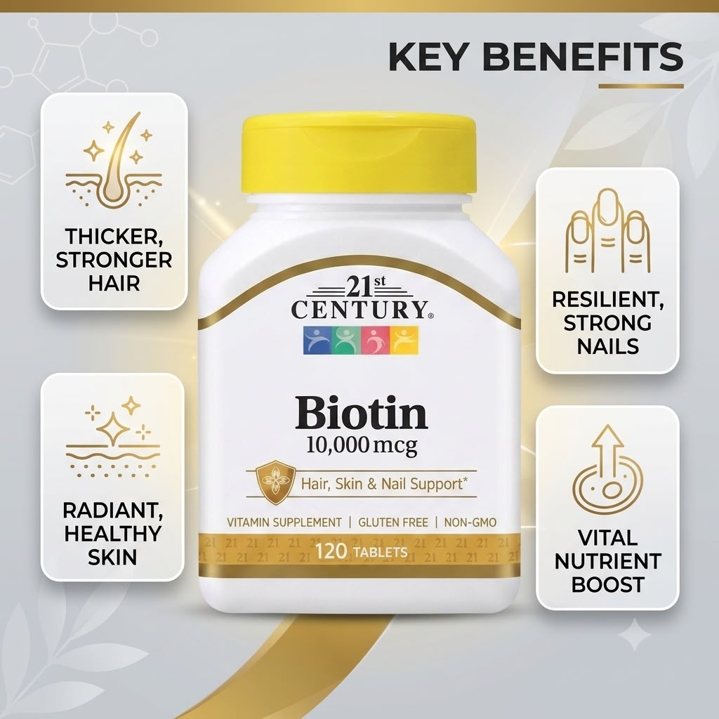 21st Century Biotin 10,000 mcg Hair, Skin & Nail Support dietary supplement tablets, 120 tablets, supporting healthy hair, skin, and nails.