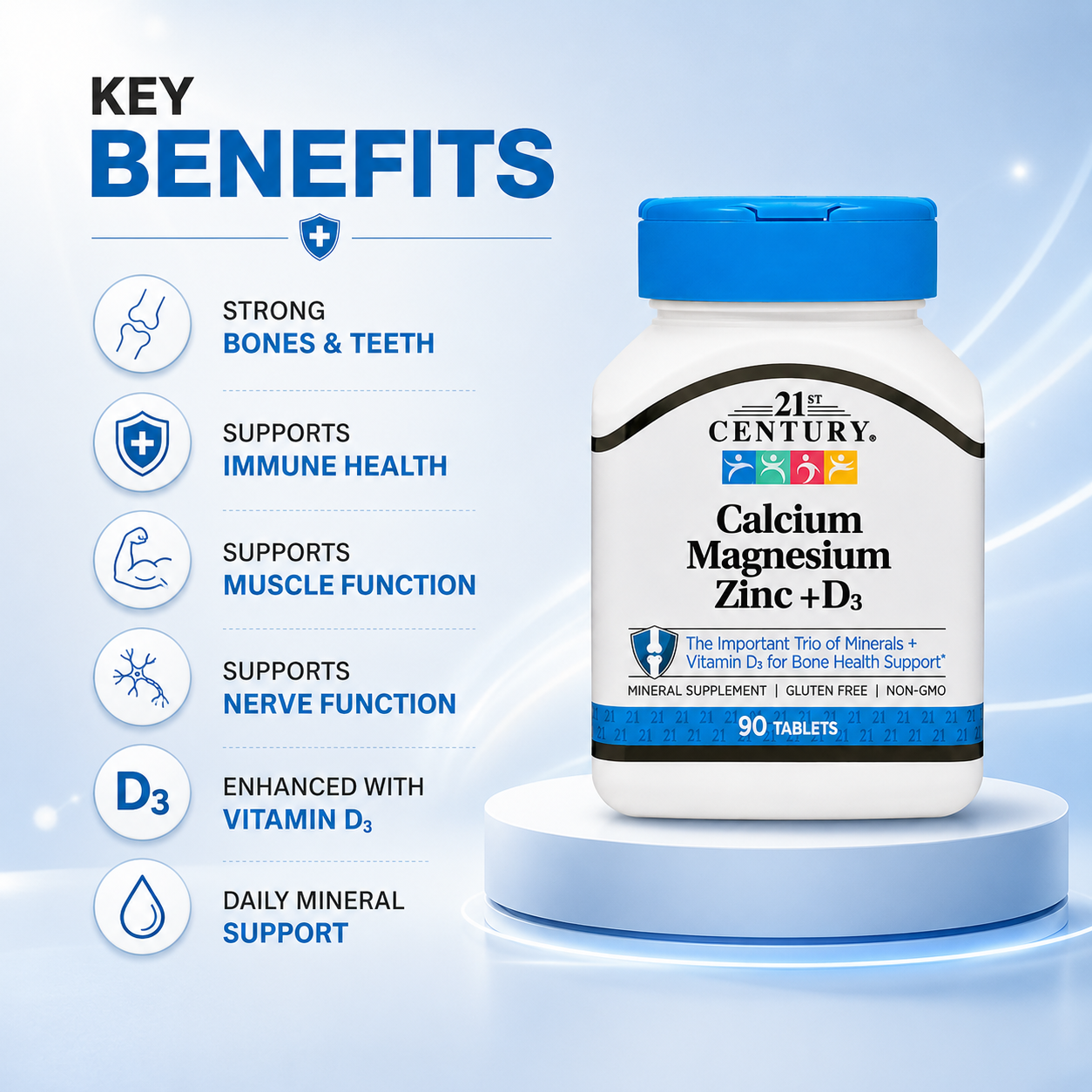 21st Century Calcium Magnesium Zinc + D3 90 Tablets mineral supplement supporting bone health, muscle function and calcium absorption.