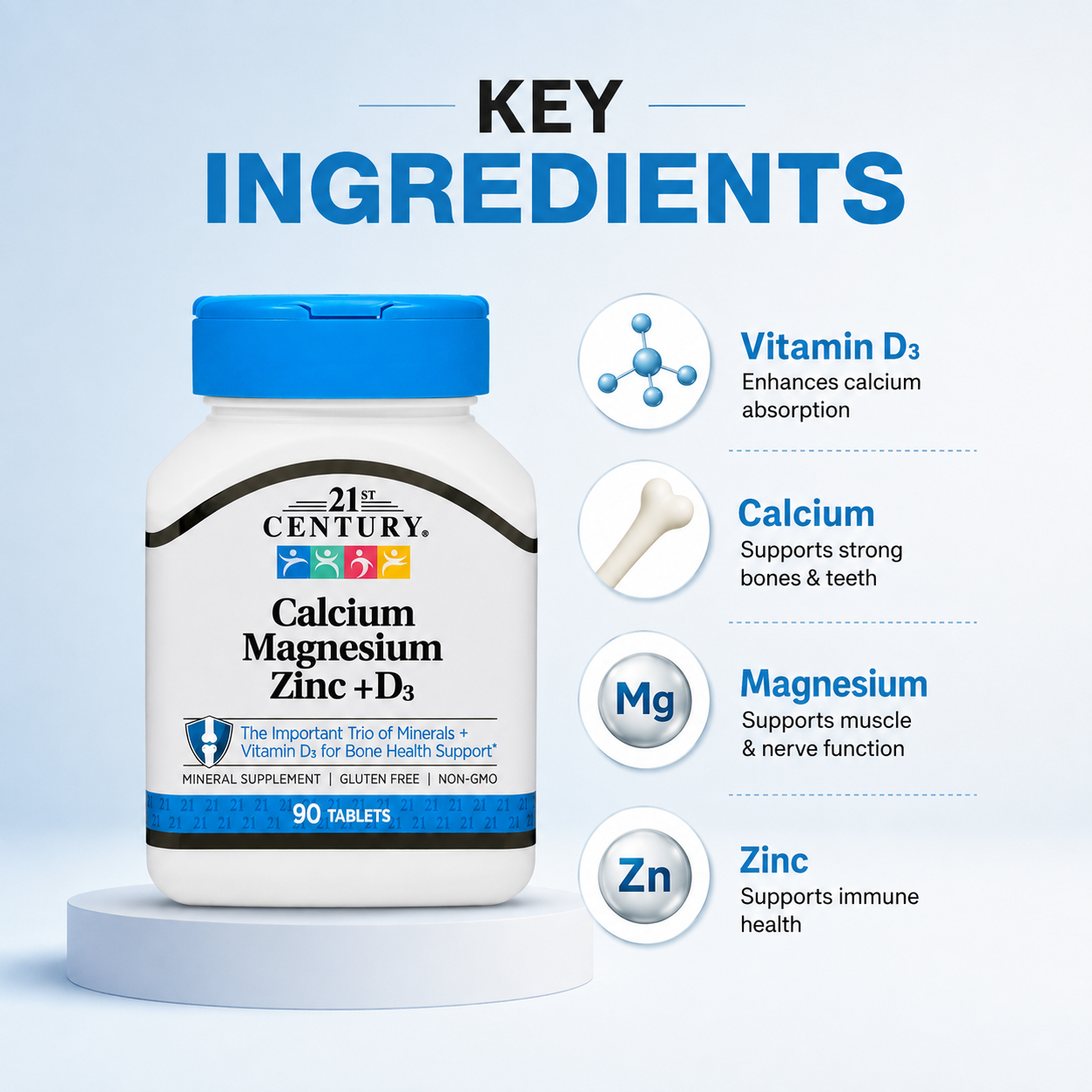 21st Century Calcium Magnesium Zinc + D3 90 Tablets mineral supplement supporting bone health, muscle function and calcium absorption.