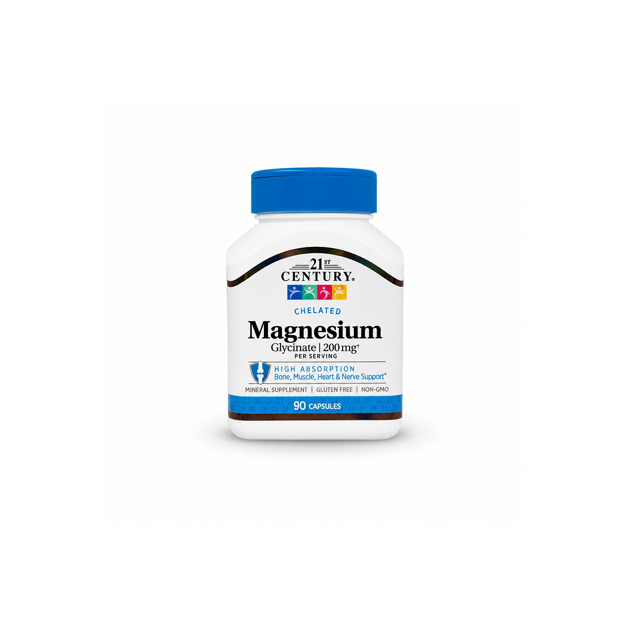 21st Century Chelated Magnesium Glycinate 200mg Per Serving 90 Capsules mineral supplement with high absorption for bone, muscle, heart and nerve support.