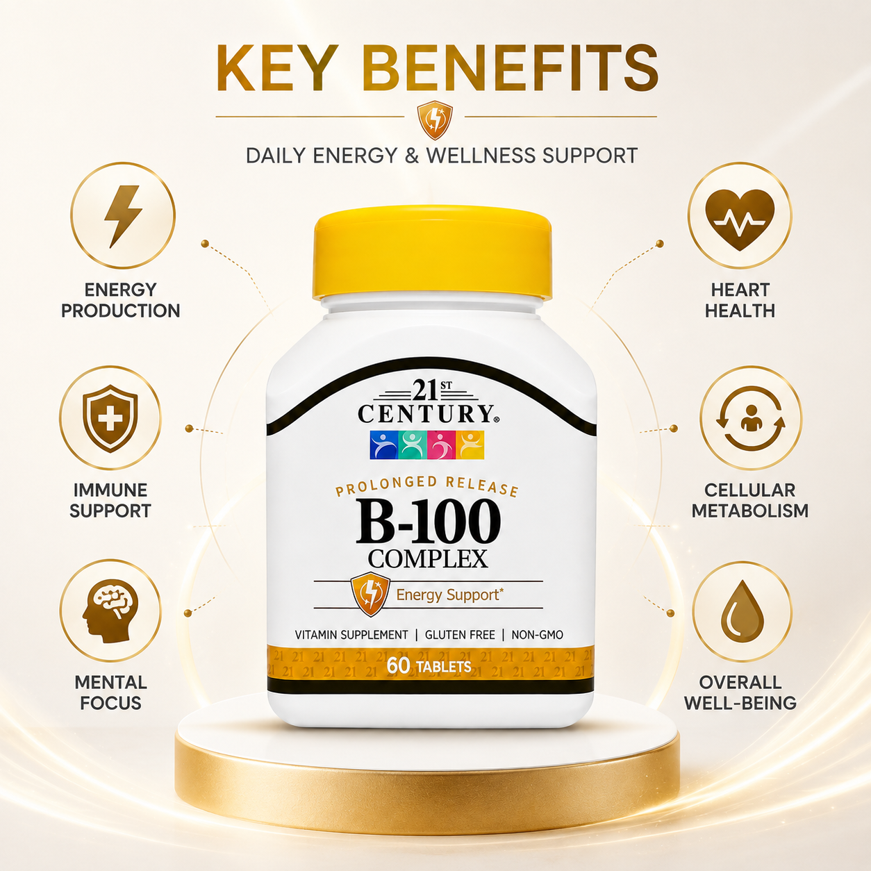 21st Century Prolonged Release B-100 Complex vitamin B complex tablets 60 tablets for sustained energy support and nervous system health