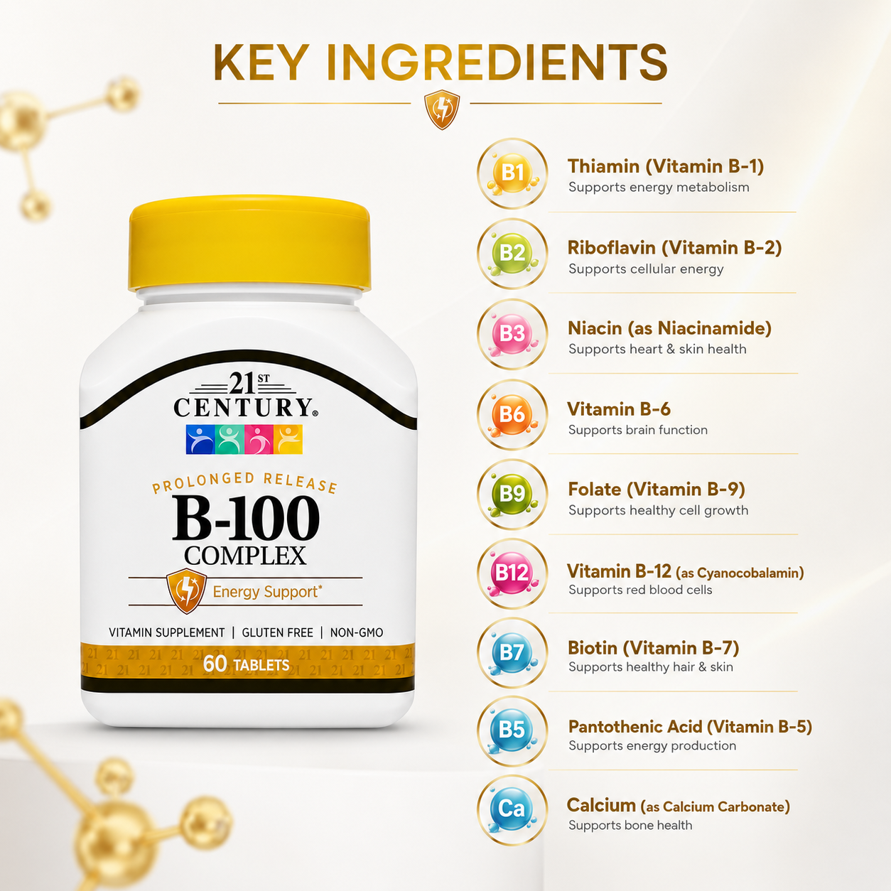 21st Century Prolonged Release B-100 Complex vitamin B complex tablets 60 tablets for sustained energy support and nervous system health