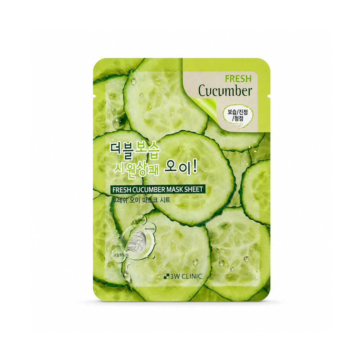 3W Clinic Fresh Cucumber Mask Sheet 23g hydrating sheet mask with cucumber extract to soothe dry skin and improve moisture retention.
