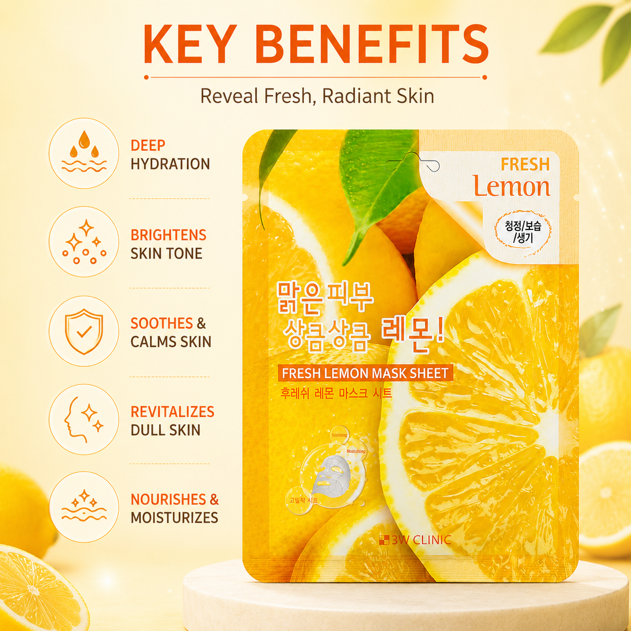 3W Clinic Fresh Lemon Mask Sheet 23g brightening sheet mask with lemon extract for hydrated, refreshed and radiant-looking skin.