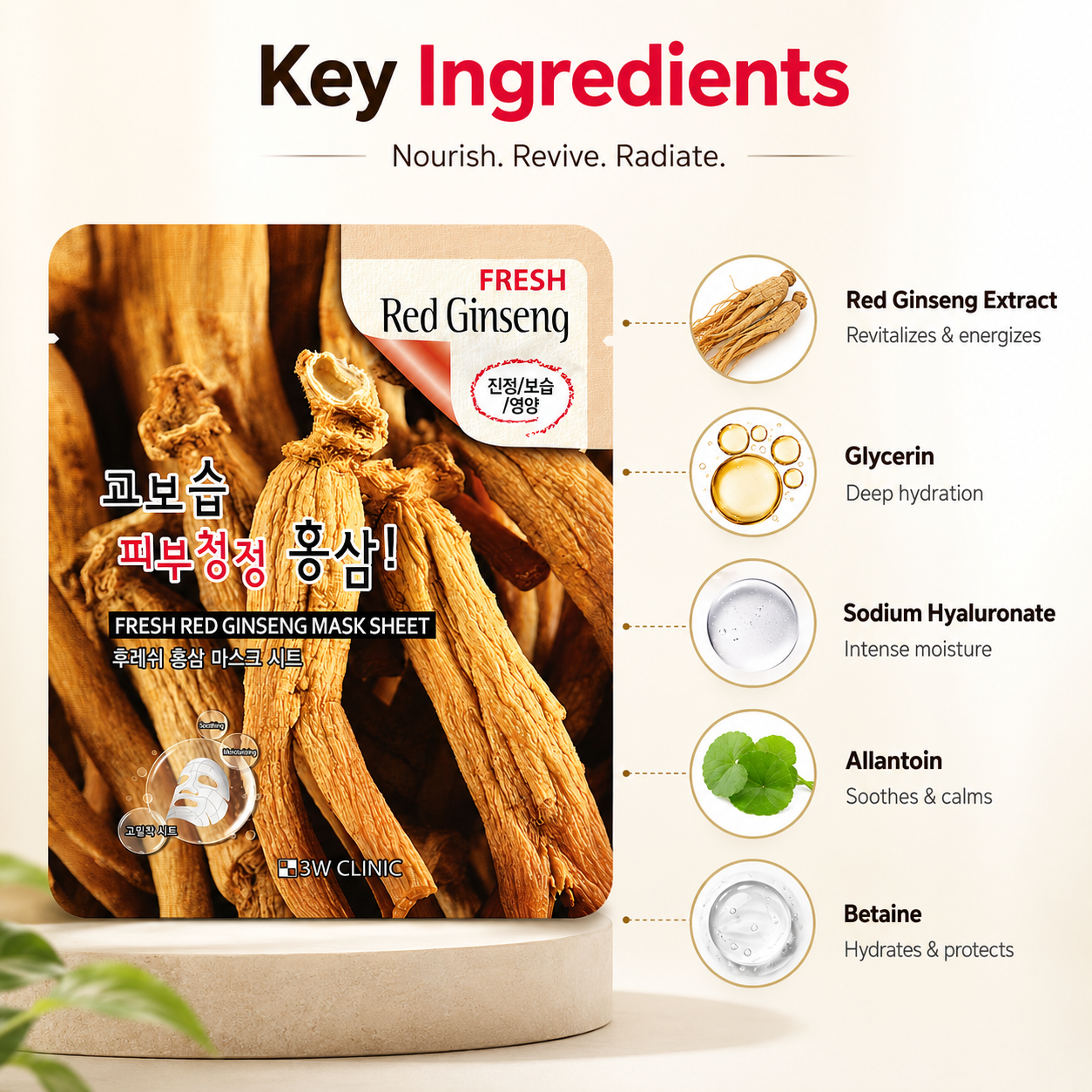 3W Clinic Fresh Red Ginseng Mask Sheet 23g Korean sheet mask with red ginseng extract for hydration and skin revitalization