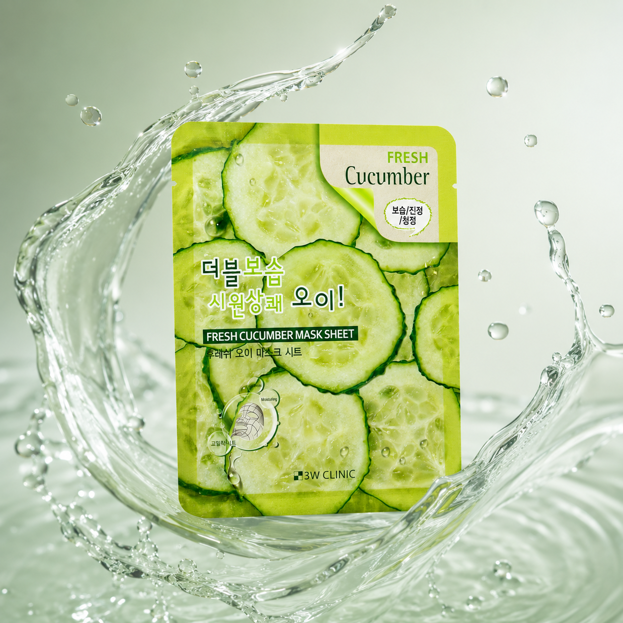 3W Clinic Fresh Cucumber Mask Sheet 23g hydrating sheet mask with cucumber extract to soothe dry skin and improve moisture retention.
