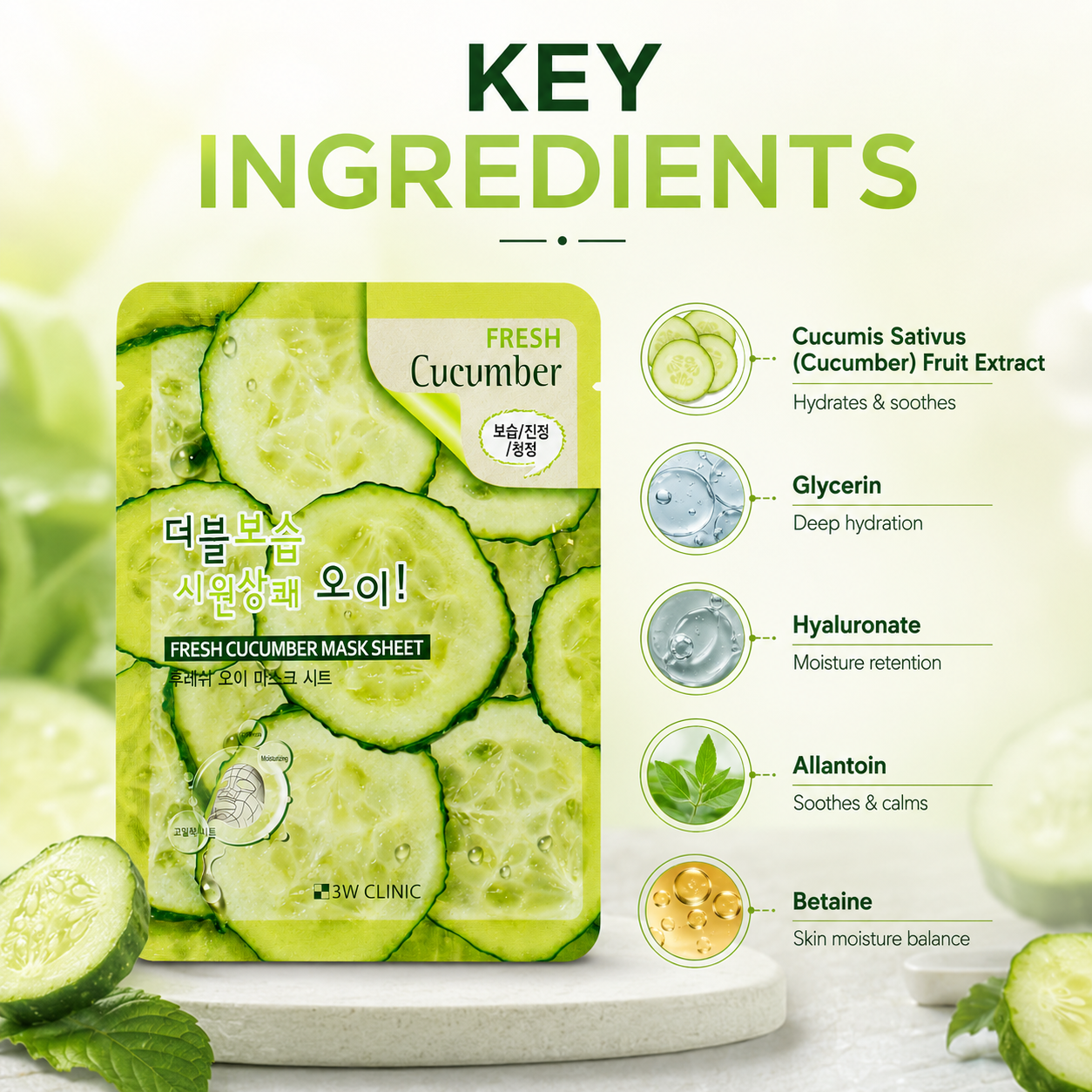 3W Clinic Fresh Cucumber Mask Sheet 23g hydrating sheet mask with cucumber extract to soothe dry skin and improve moisture retention.