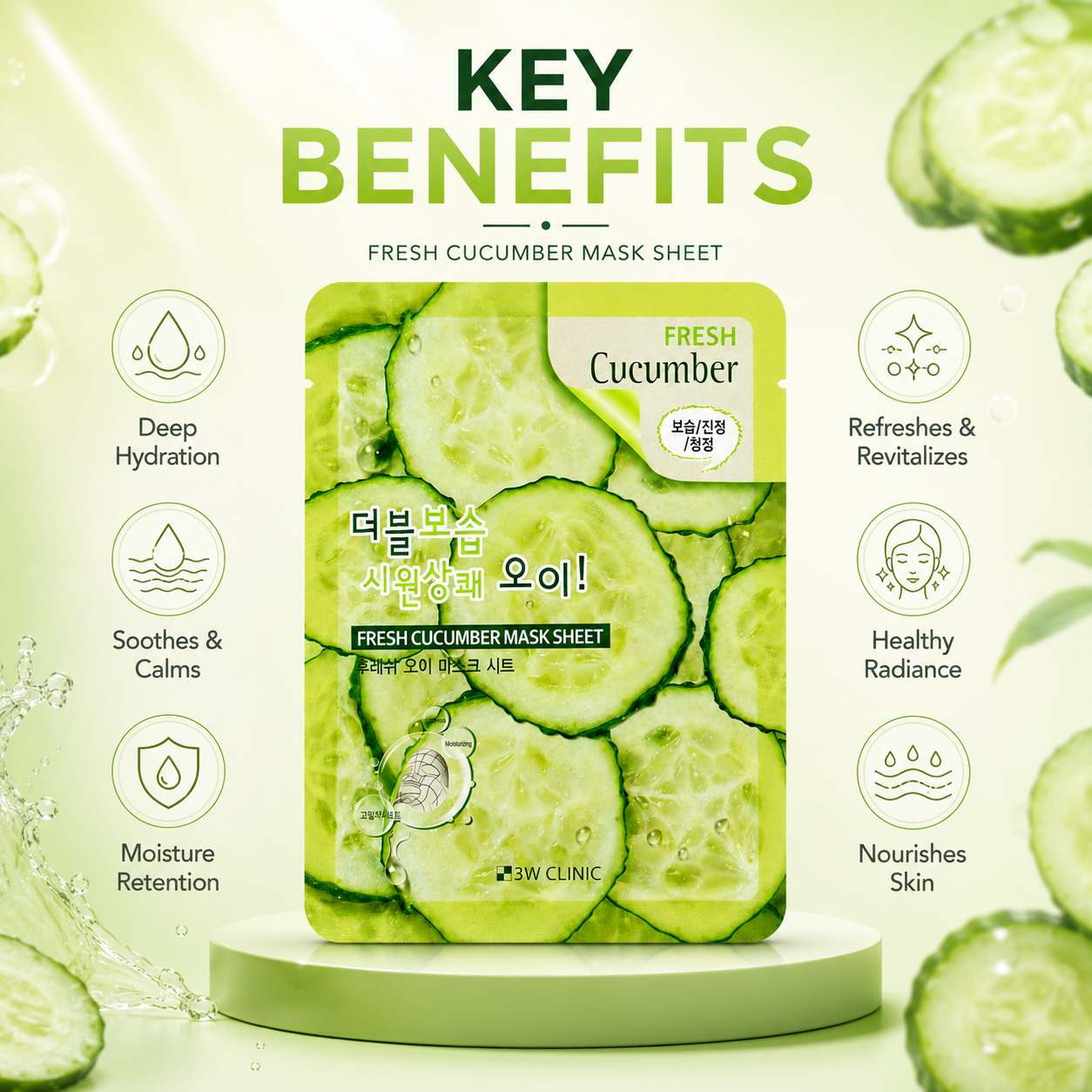 3W Clinic Fresh Cucumber Mask Sheet 23g hydrating sheet mask with cucumber extract to soothe dry skin and improve moisture retention.