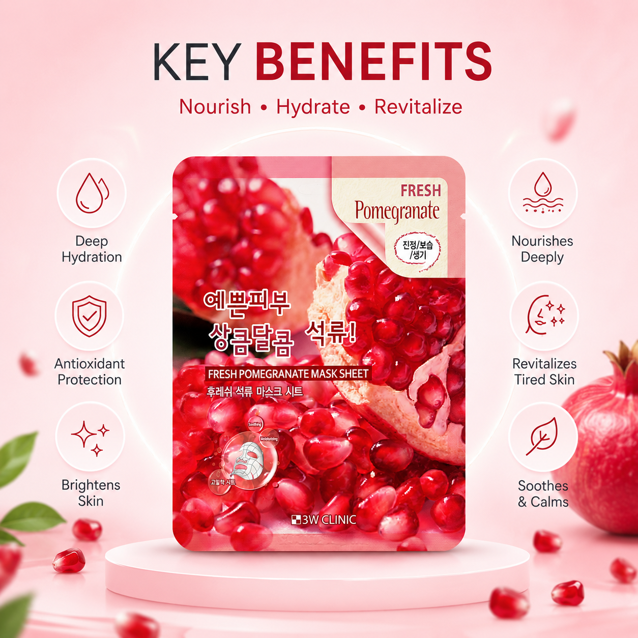 3W Clinic Fresh Pomegranate Mask Sheet 23g hydrating sheet mask with pomegranate extract for moisturizing and revitalizing dry skin.