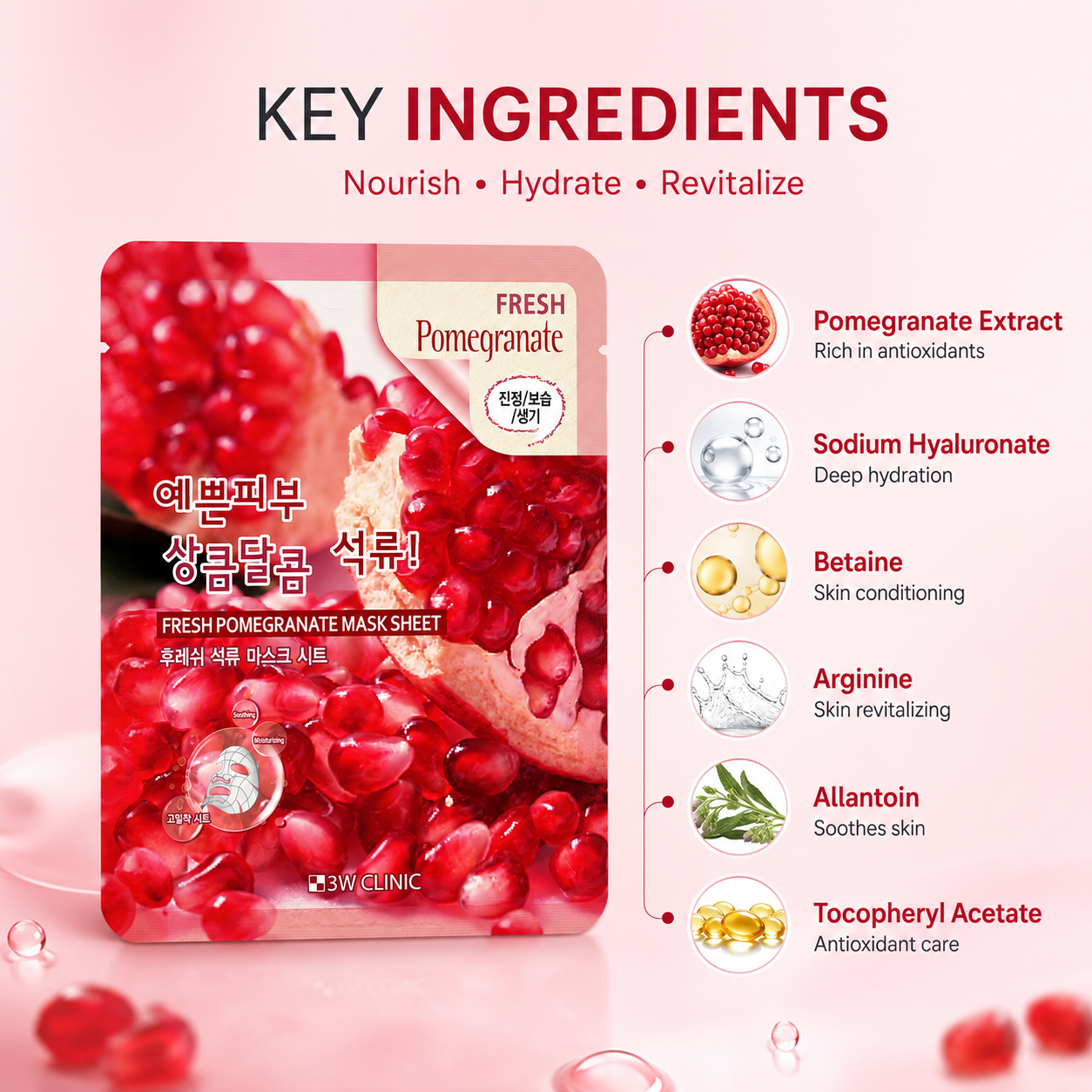 3W Clinic Fresh Pomegranate Mask Sheet 23g hydrating sheet mask with pomegranate extract for moisturizing and revitalizing dry skin.