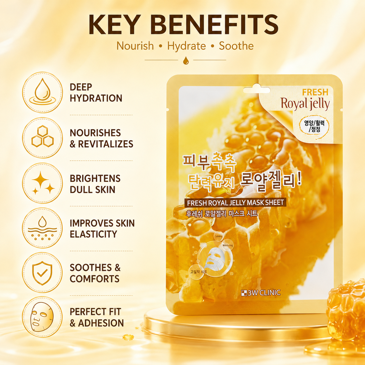 3W Clinic Fresh Royal Jelly Mask Sheet 23g Korean sheet mask with royal jelly extract for deep hydration and skin nourishment.