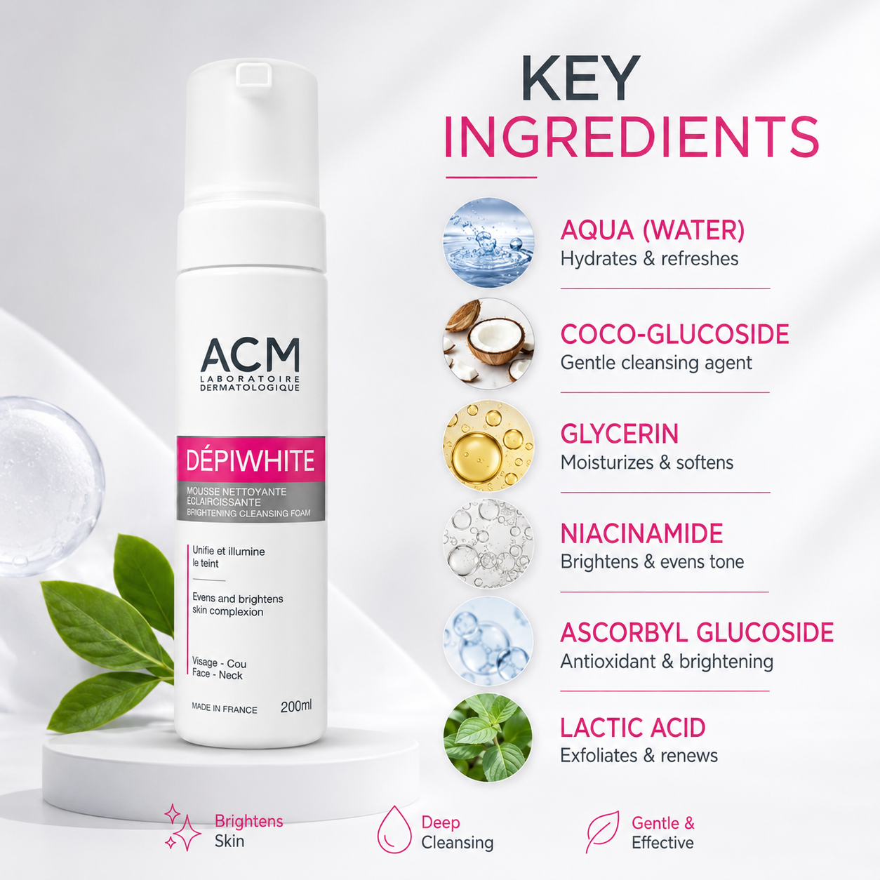 ACM Dépiwhite Brightening Cleansing Foam 200ml for uneven skin tone and dull complexion with gentle daily cleansing benefits