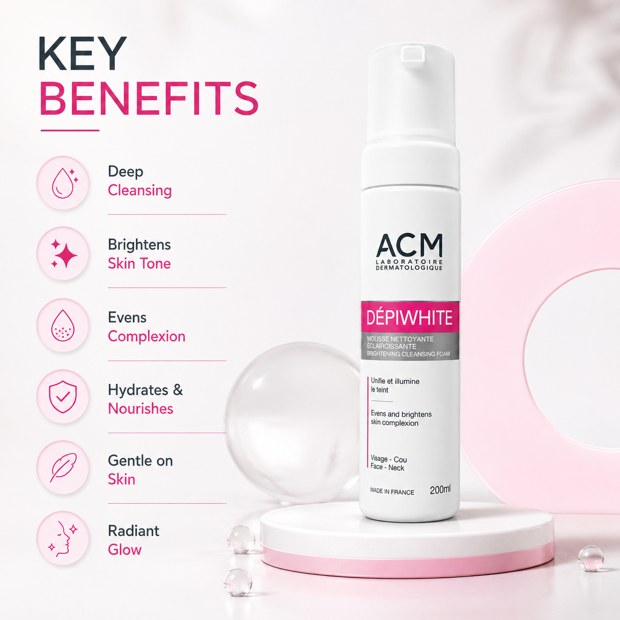 ACM Dépiwhite Brightening Cleansing Foam 200ml for uneven skin tone and dull complexion with gentle daily cleansing benefits
