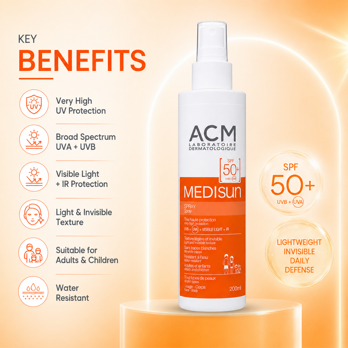 ACM Laboratoire Dermatologique Medisun Spray SPF 50+ 200ml sunscreen spray offering broad-spectrum UVA/UVB protection with an invisible finish
