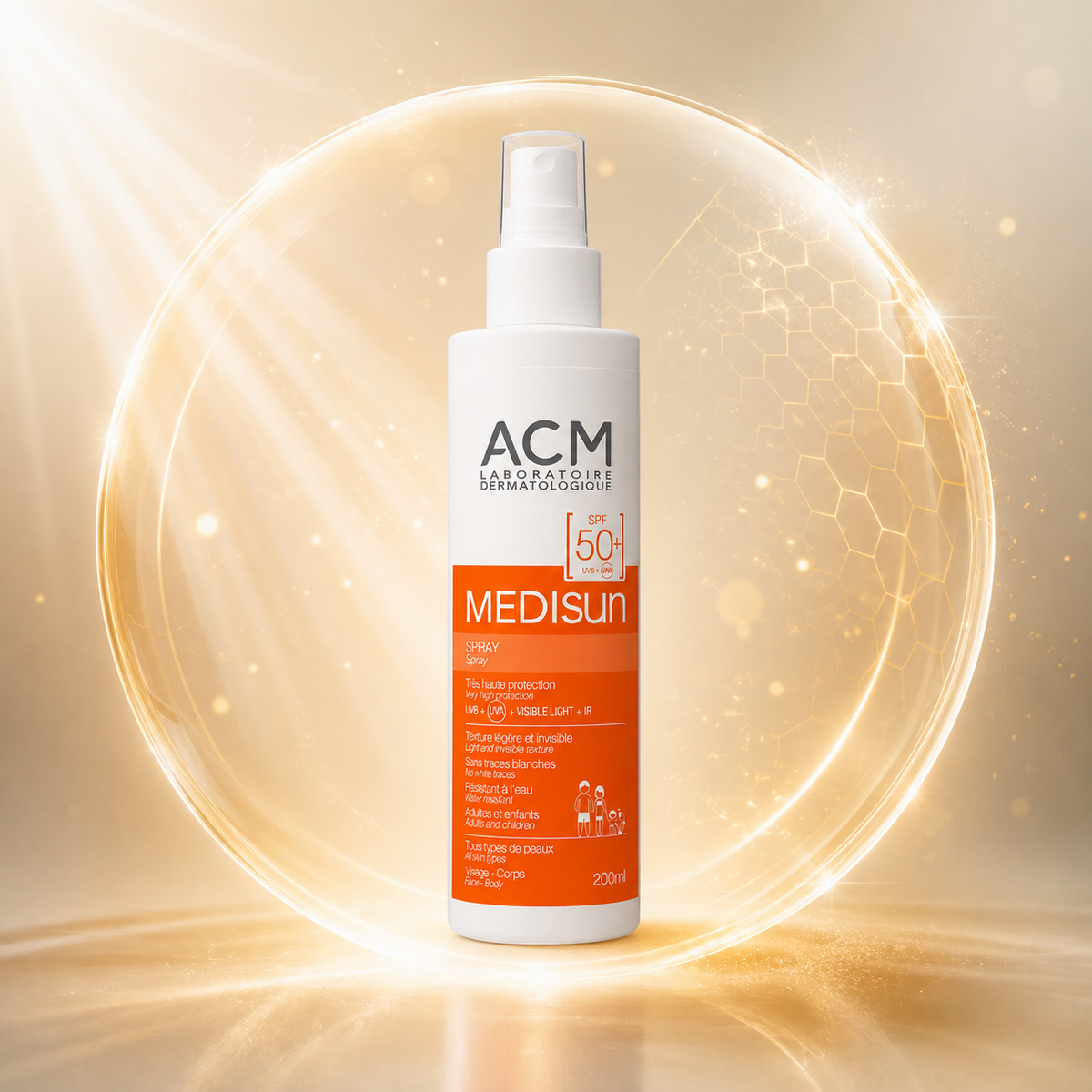 ACM Laboratoire Dermatologique Medisun Spray SPF 50+ 200ml sunscreen spray offering broad-spectrum UVA/UVB protection with an invisible finish