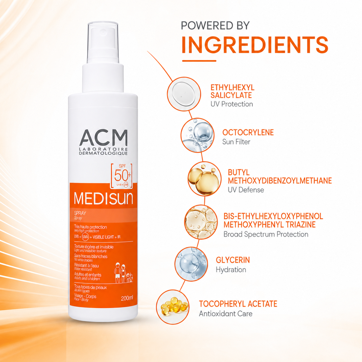 ACM Laboratoire Dermatologique Medisun Spray SPF 50+ 200ml sunscreen spray offering broad-spectrum UVA/UVB protection with an invisible finish