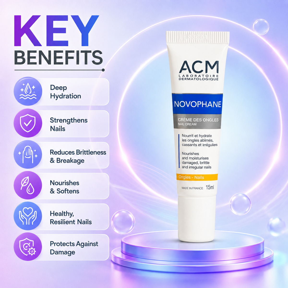 ACM Novophane Crème Des Ongles Nail Cream 15ml tube for damaged and brittle nails, nourishing nail treatment with moisturizing care for stronger nails.