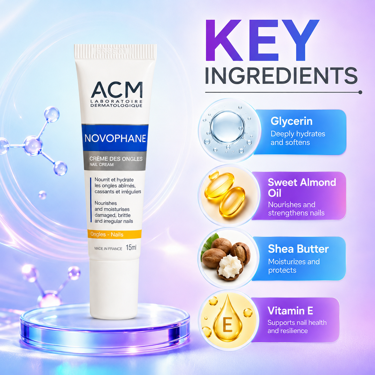 ACM Novophane Crème Des Ongles Nail Cream 15ml tube for damaged and brittle nails, nourishing nail treatment with moisturizing care for stronger nails.