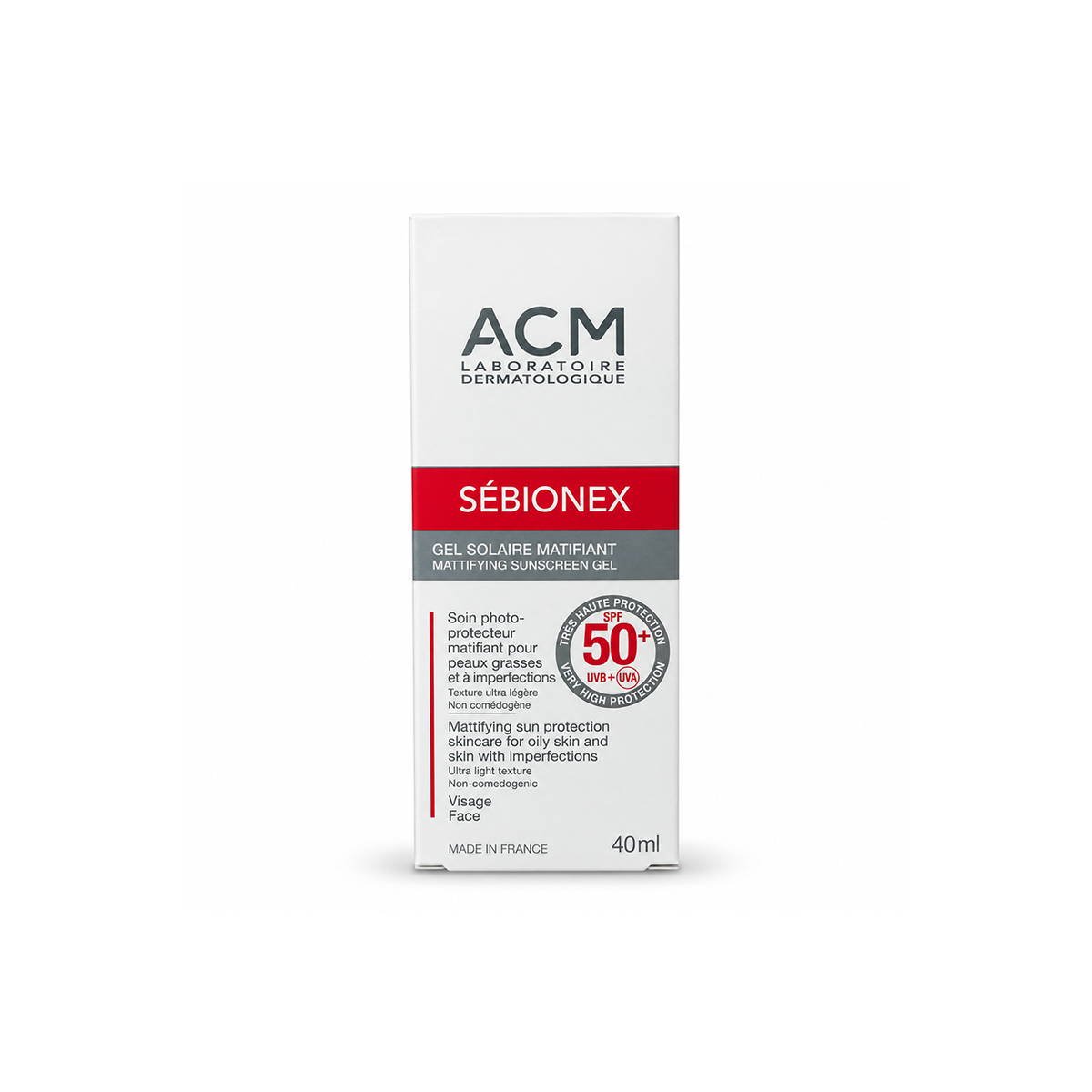 ACM Sébionex Mattifying Sunscreen Gel SPF 50+ for oily skin with imperfections, 40ml, lightweight facial sun protection