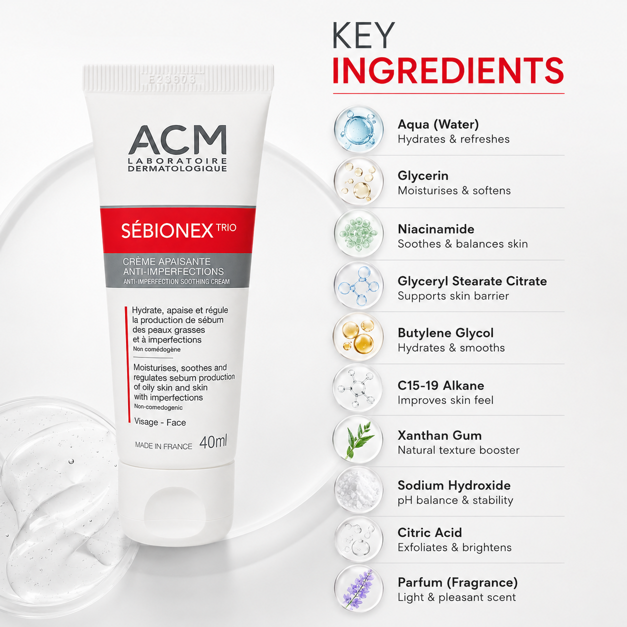 ACM Sebionex Trio Anti-Imperfection Soothing Face Cream 40ml for oily acne-prone skin with lightweight blemish control hydration