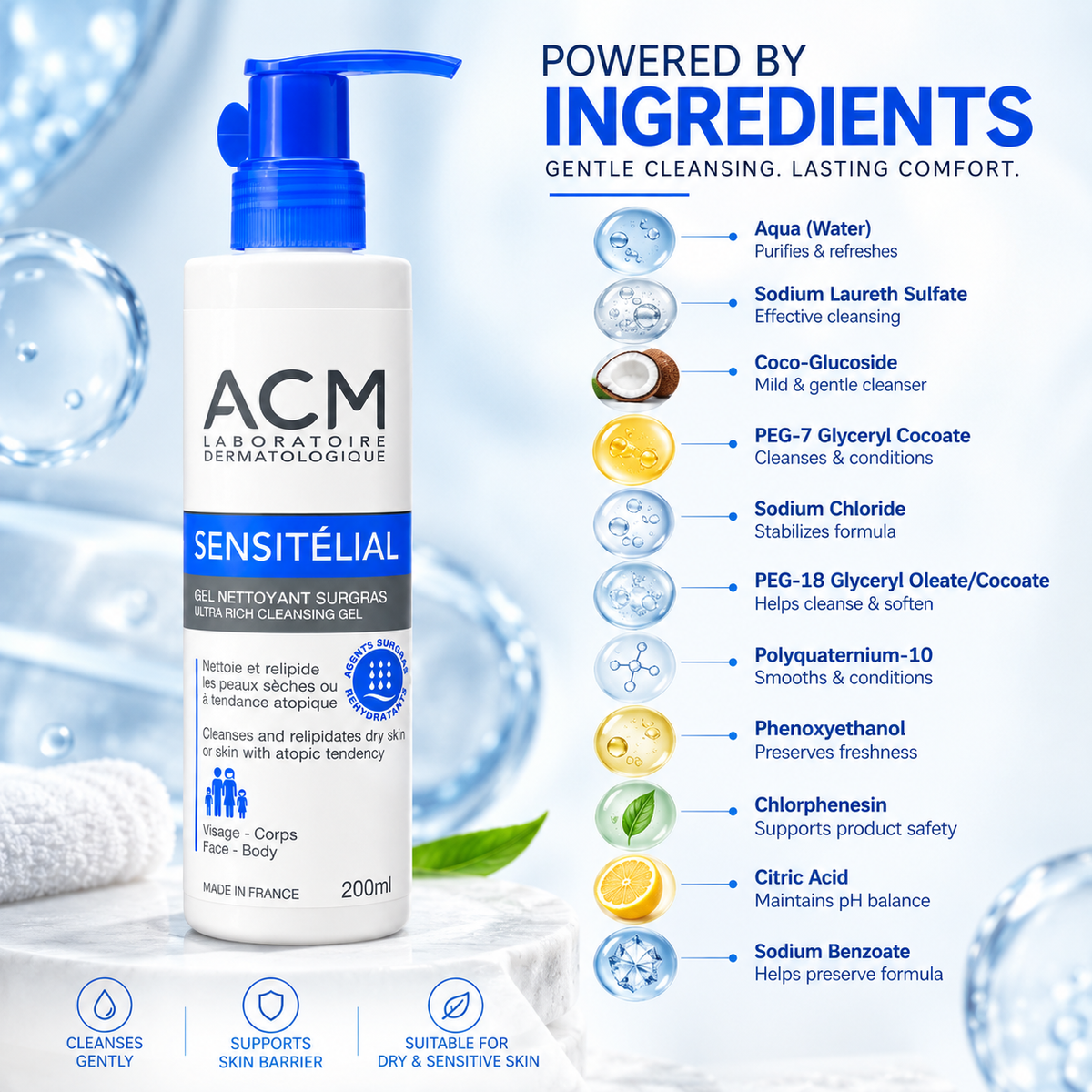 ACM Sensitélial Ultra Rich Cleansing Gel 200ml for dry sensitive skin, cleansing and relipidating face and body wash