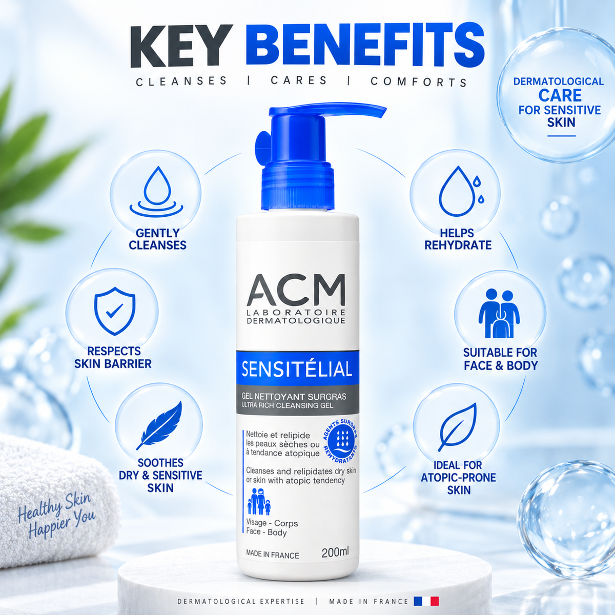 ACM Sensitélial Ultra Rich Cleansing Gel 200ml for dry sensitive skin, cleansing and relipidating face and body wash