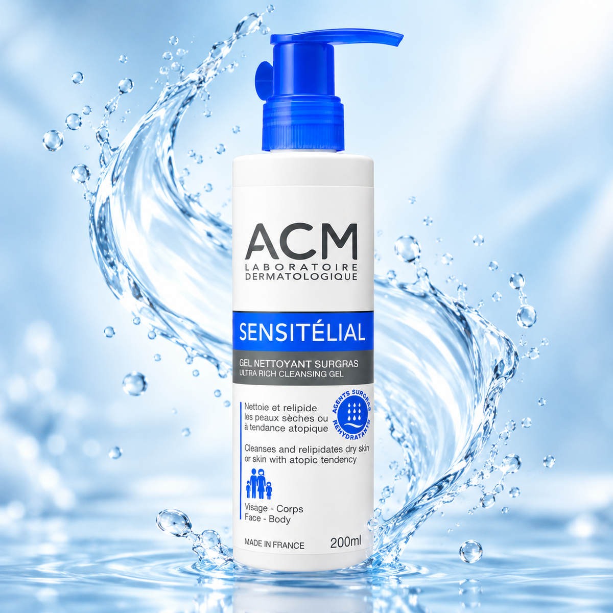 ACM Sensitélial Ultra Rich Cleansing Gel 200ml for dry sensitive skin, cleansing and relipidating face and body wash
