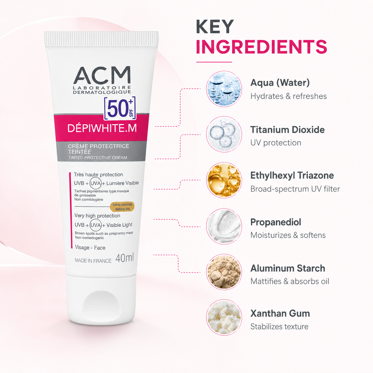 ACM Dépiwhite.M Tinted Protective Cream SPF 50+ 40ml sunscreen for pigmentation protection and even skin tone coverage