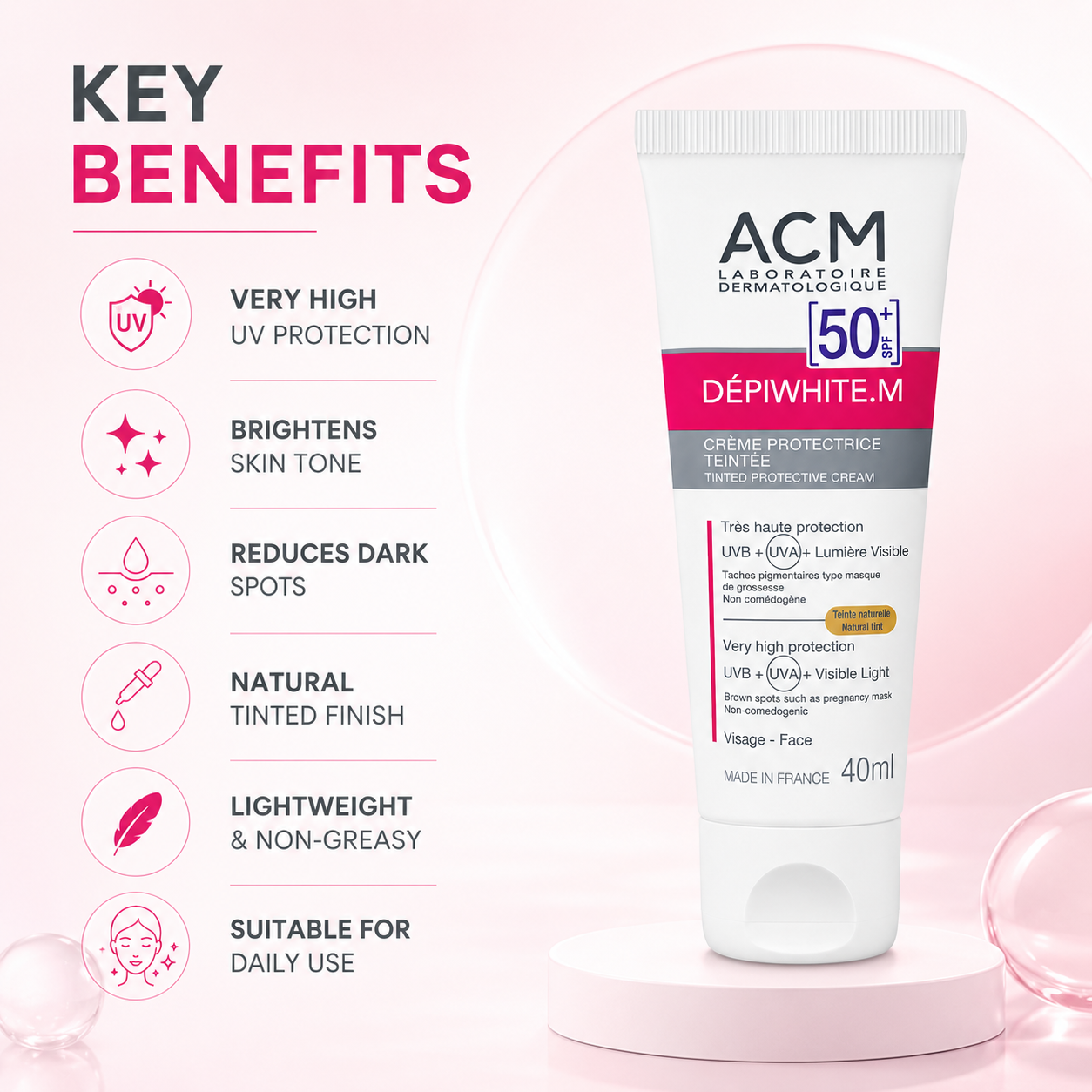 ACM Dépiwhite.M Tinted Protective Cream SPF 50+ 40ml sunscreen for pigmentation protection and even skin tone coverage