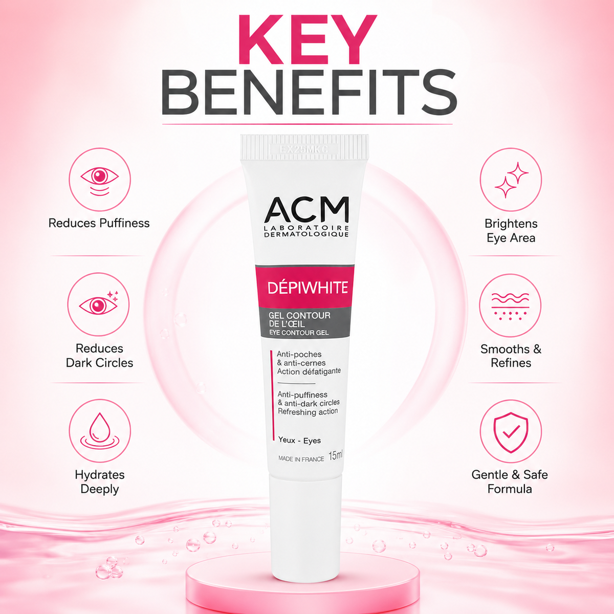 ACM Dépiwhite Eye Contour Gel 15ml eye contour gel for reducing dark circles and under-eye puffiness with a lightweight daily formula.