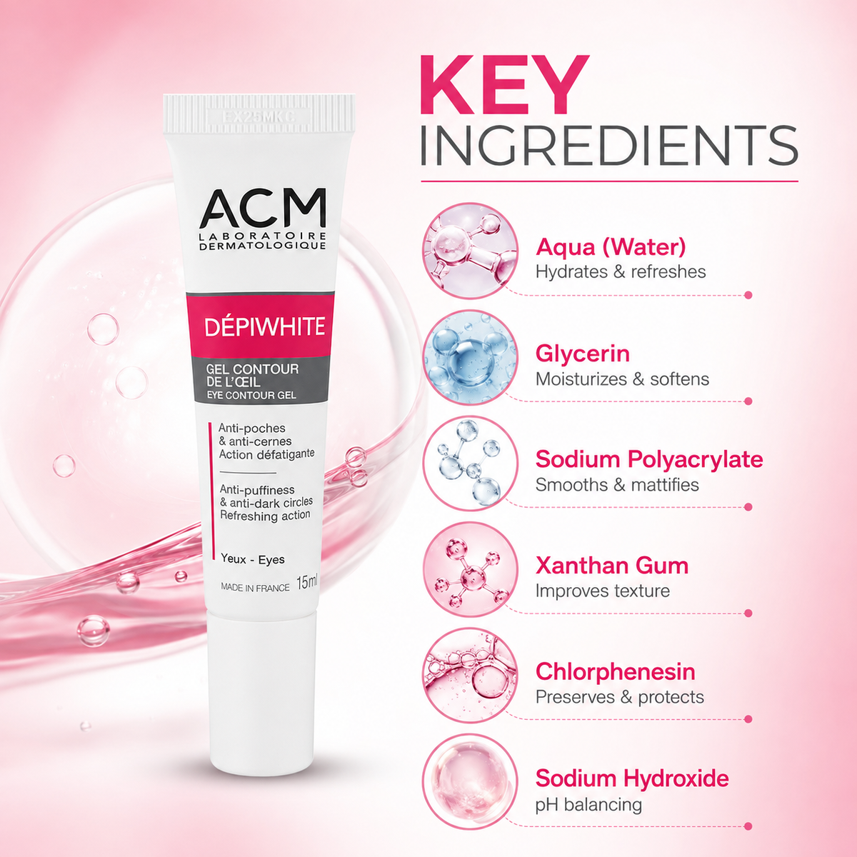 ACM Dépiwhite Eye Contour Gel 15ml eye contour gel for reducing dark circles and under-eye puffiness with a lightweight daily formula.