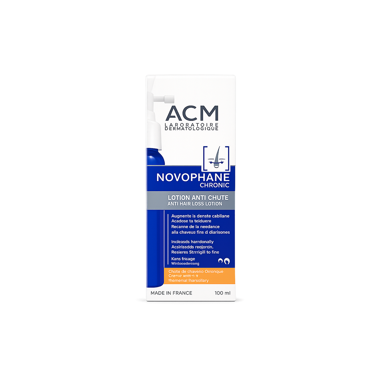 ACM Novophane Chronic Anti Hair Loss Lotion 100ml spray bottle for reducing hair fall and promoting hair regrowth