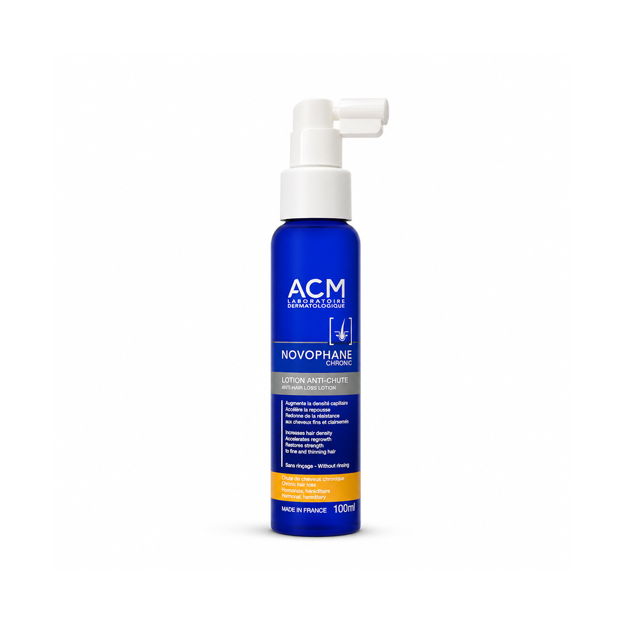 ACM Novophane Chronic Anti Hair Loss Lotion 100ml spray bottle for reducing hair fall and promoting hair regrowth