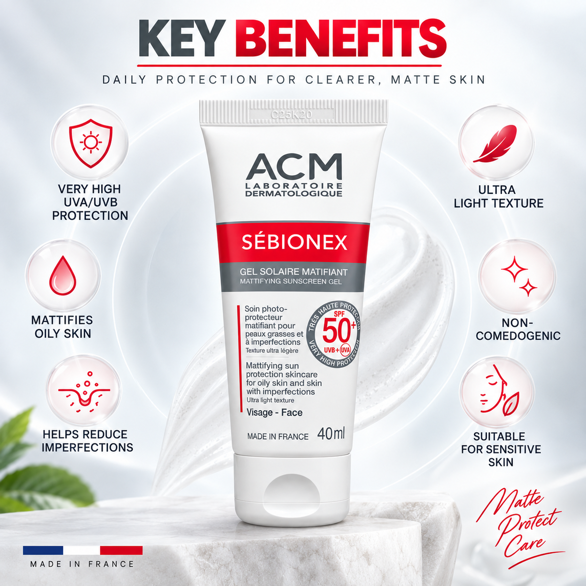 ACM Sébionex Mattifying Sunscreen Gel SPF 50+ for oily skin with imperfections, 40ml, lightweight facial sun protection