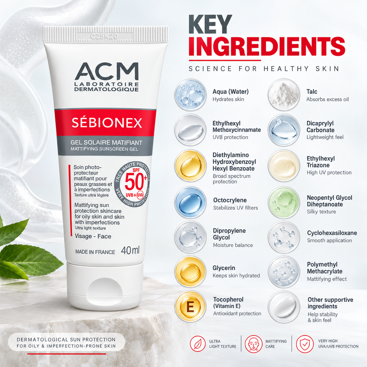 ACM Sébionex Mattifying Sunscreen Gel SPF 50+ for oily skin with imperfections, 40ml, lightweight facial sun protection