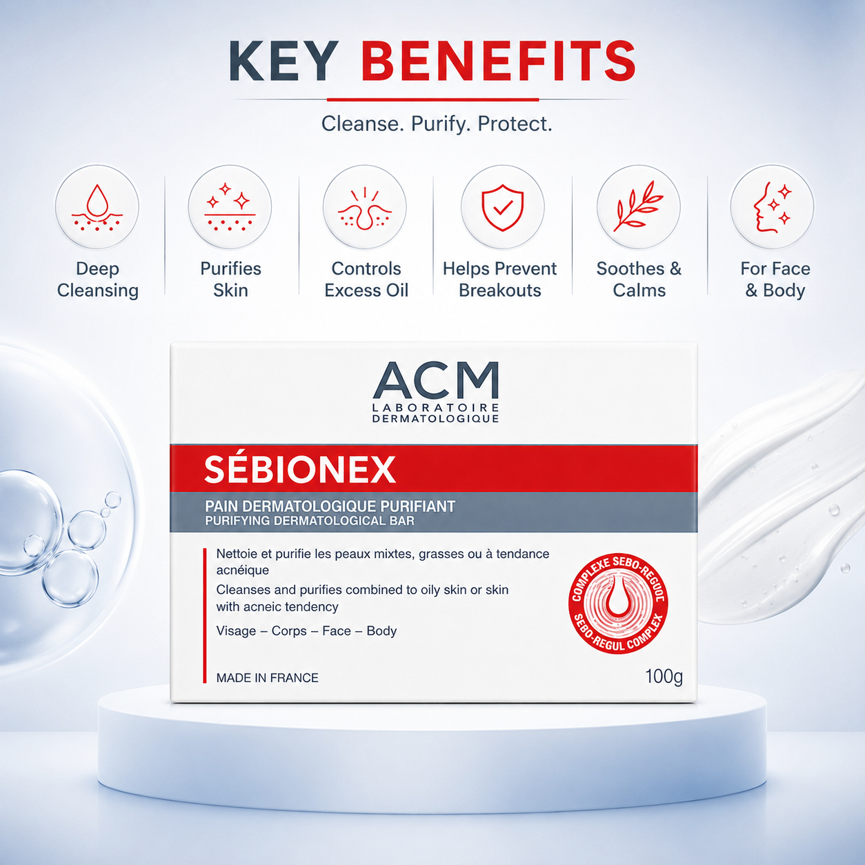 ACM Sébionex Purifying Dermatological Bar 1 + 1 Offer 2 x 100g cleansing bar for oily and acne-prone skin with sebum control benefits.