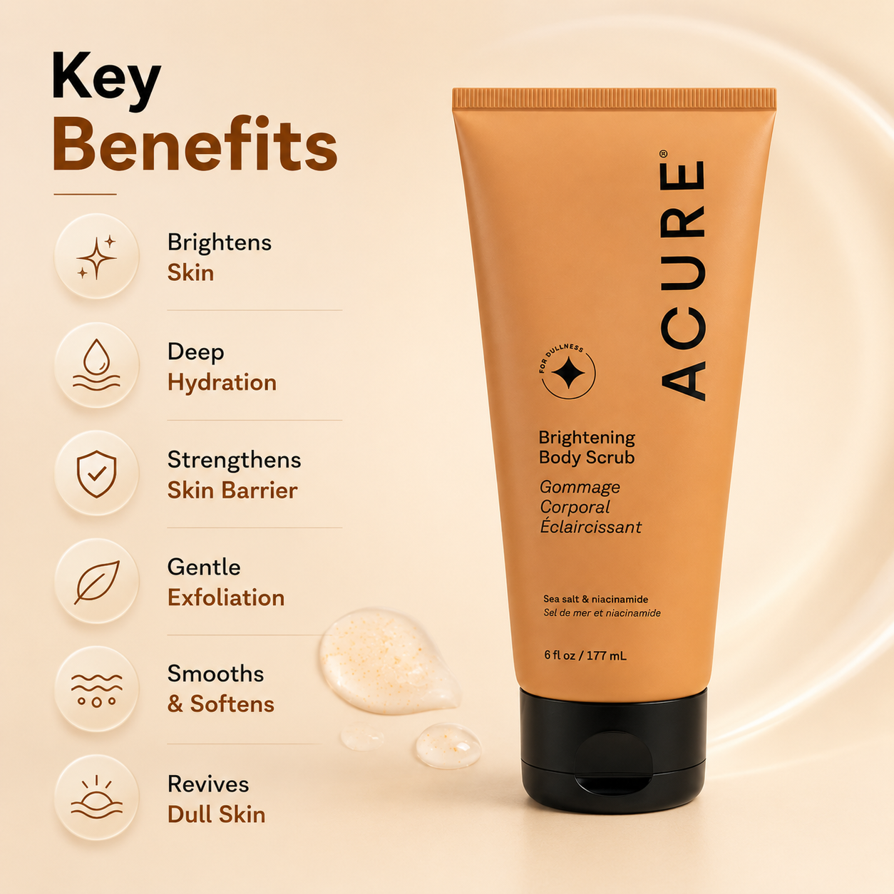 ACURE Brightening Body Scrub 177ml exfoliating body scrub with sea salt and niacinamide for smoother brighter skin