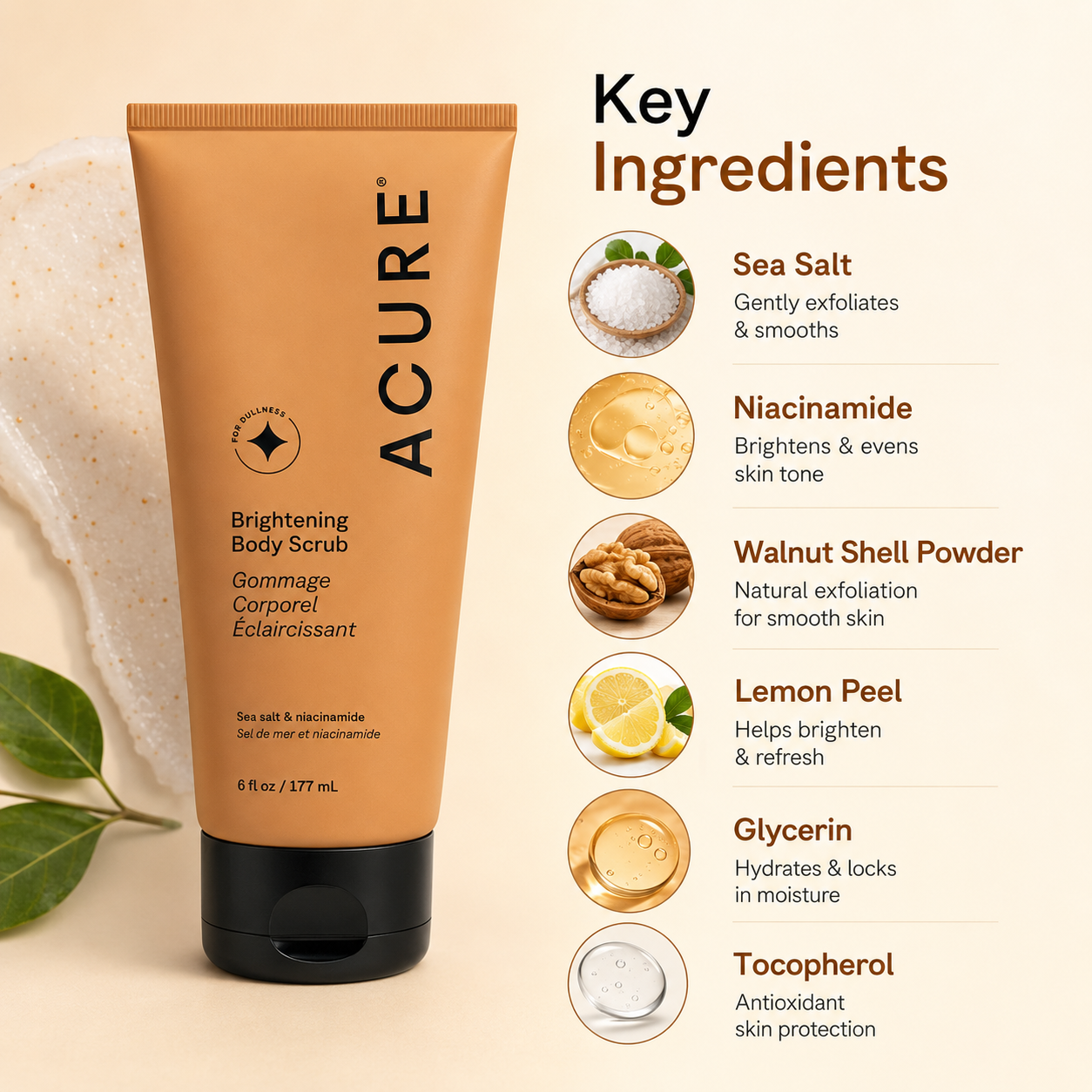 ACURE Brightening Body Scrub 177ml exfoliating body scrub with sea salt and niacinamide for smoother brighter skin