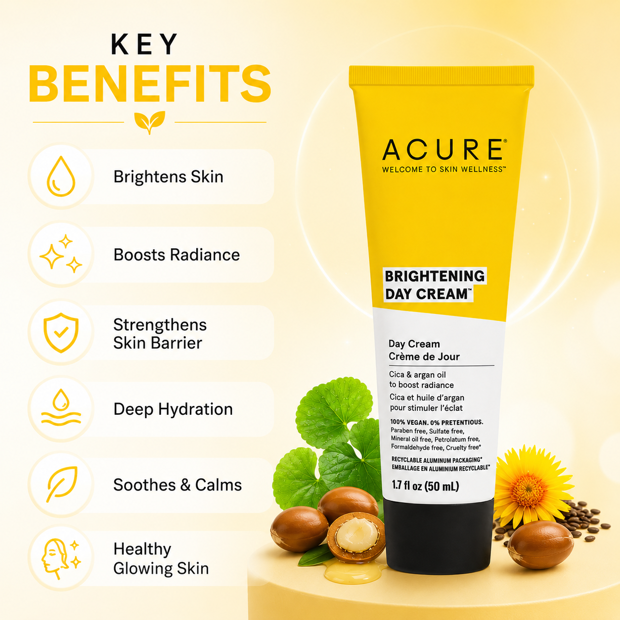 ACURE Brightening Day Cream 50ml lightweight face moisturizer for dull and dry skin with cica and argan oil hydration benefits