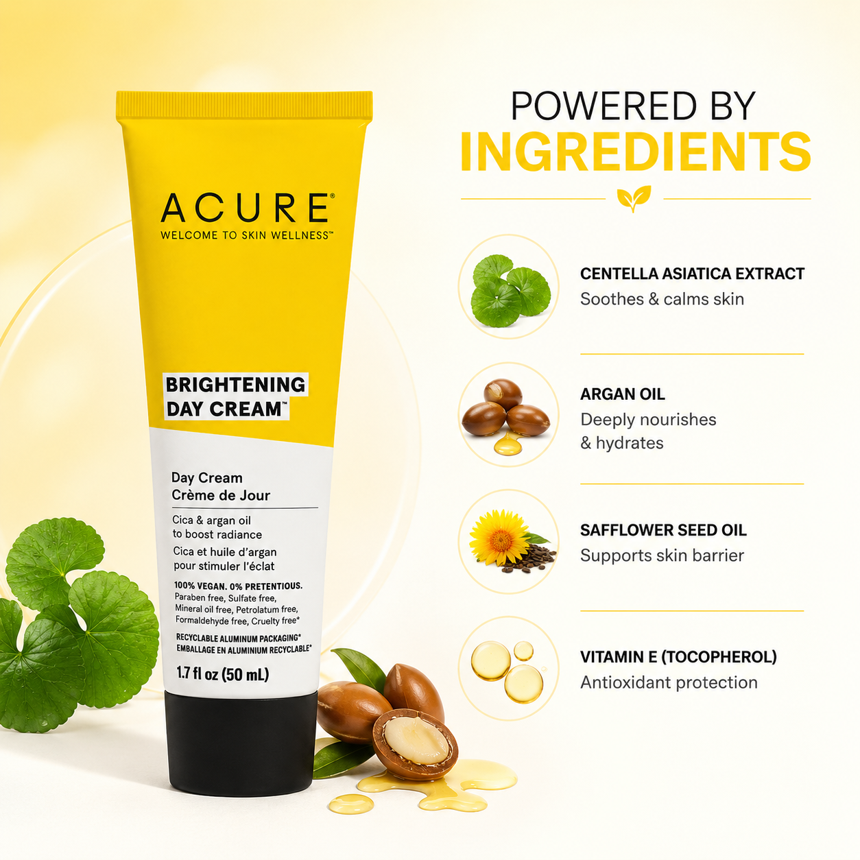 ACURE Brightening Day Cream 50ml lightweight face moisturizer for dull and dry skin with cica and argan oil hydration benefits