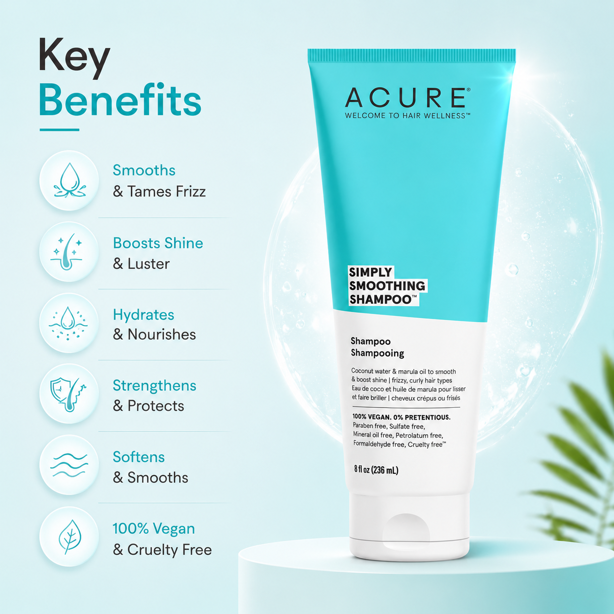 ACURE Simply Smoothing Shampoo 236ml sulfate free shampoo for frizzy curly hair with coconut water and marula oil