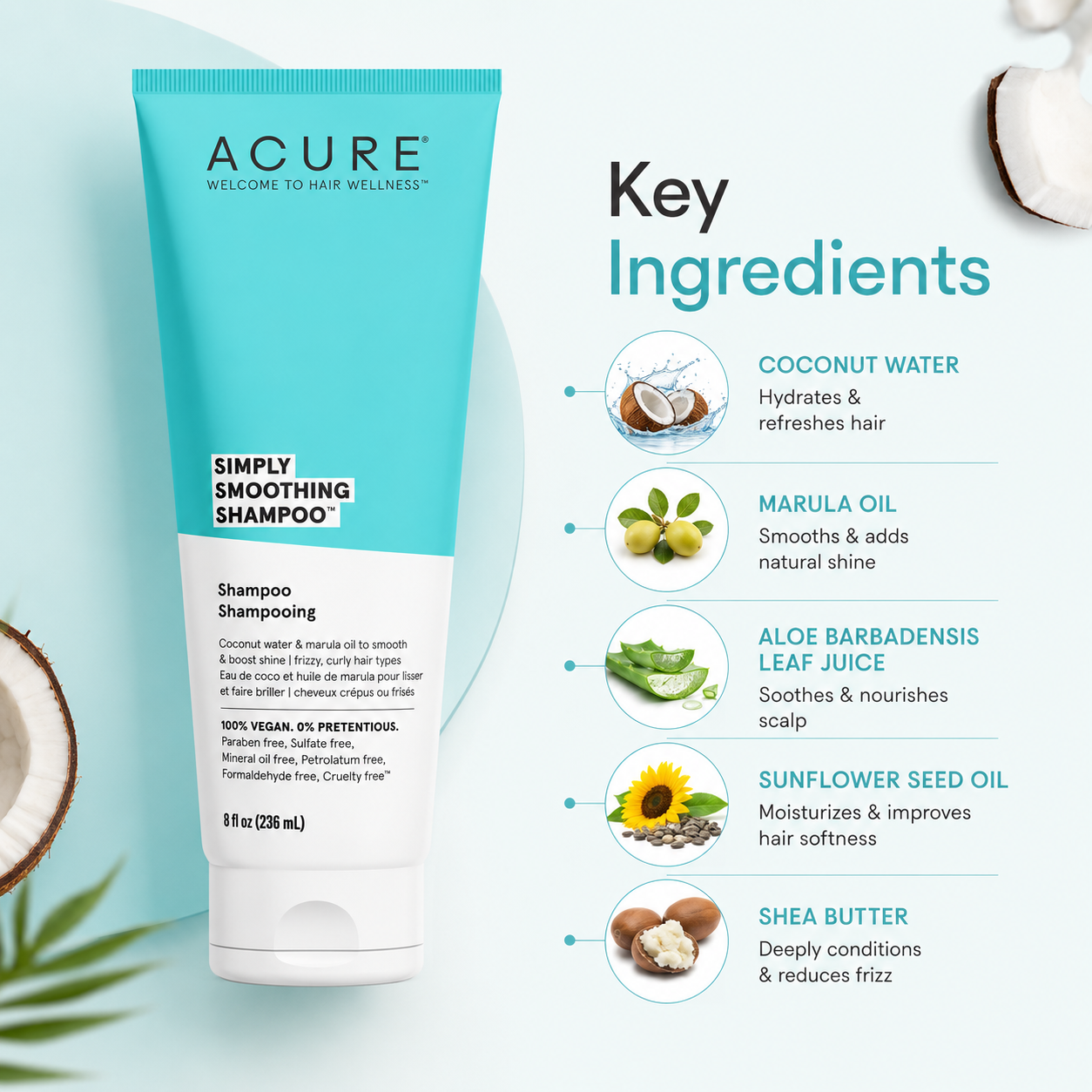 ACURE Simply Smoothing Shampoo 236ml sulfate free shampoo for frizzy curly hair with coconut water and marula oil